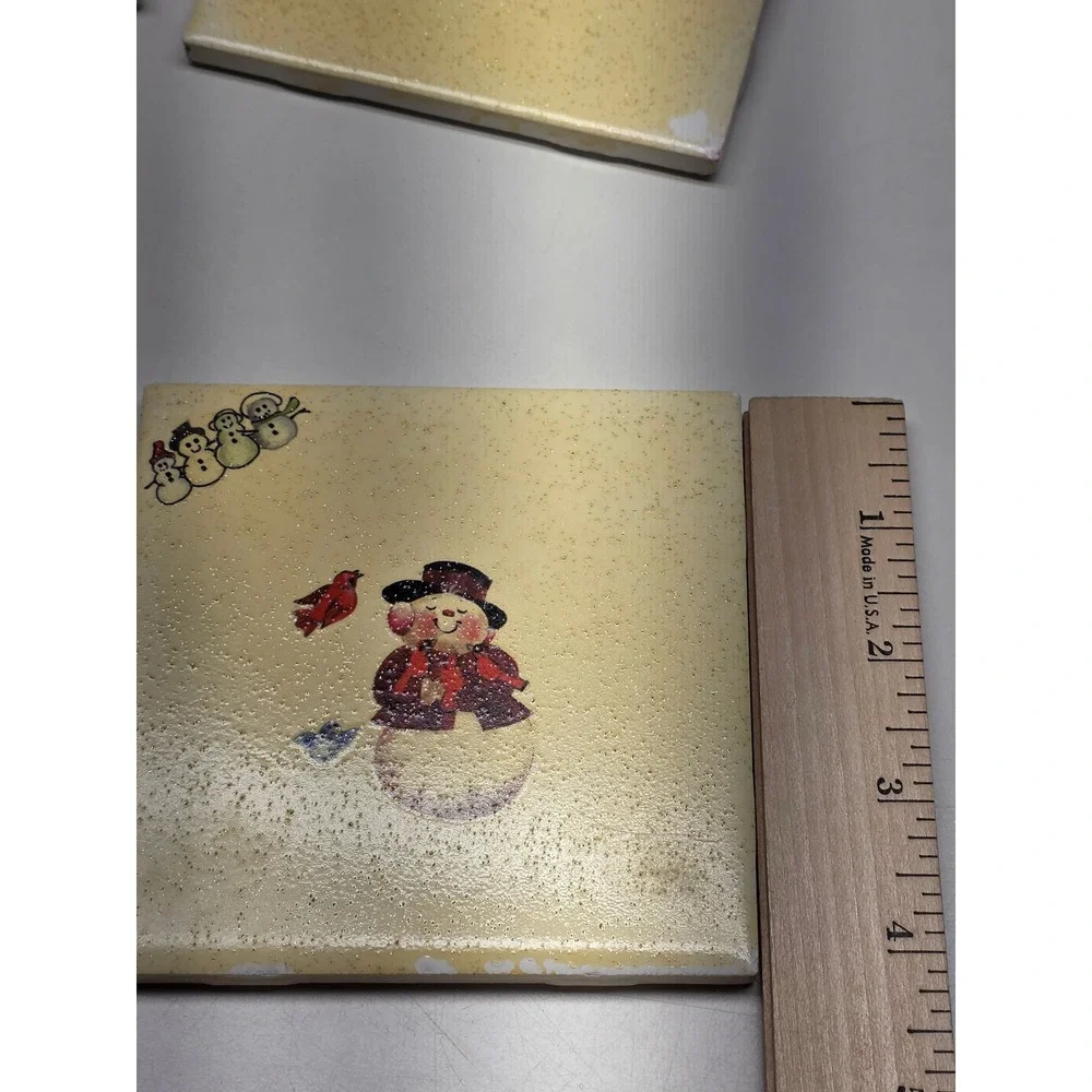 Vintage‎ Style Snowman Ceramic Tile Coasters Set of 4 Winter Holiday Decor Cream